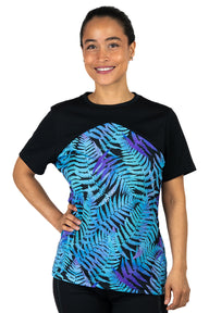 Kurzarm Mountainbikejersey für Frauen mit floralme Farn Print in coral blue.