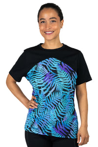 Kurzarm Mountainbikejersey für Frauen mit floralme Farn Print in coral blue.