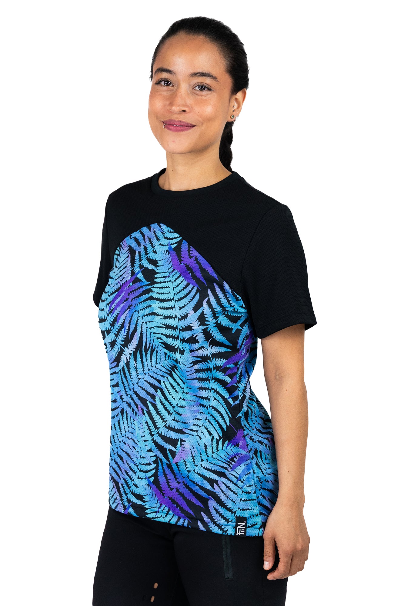 Kurzarm Mountainbikejersey für Frauen mit floralme Farn Print in coral blue.