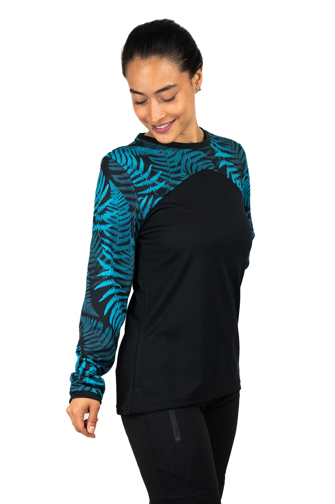 Schwarzes und petrol-grünes Langarm-Mountainbike-Jersey für Frauen mit floralem Farn-Print